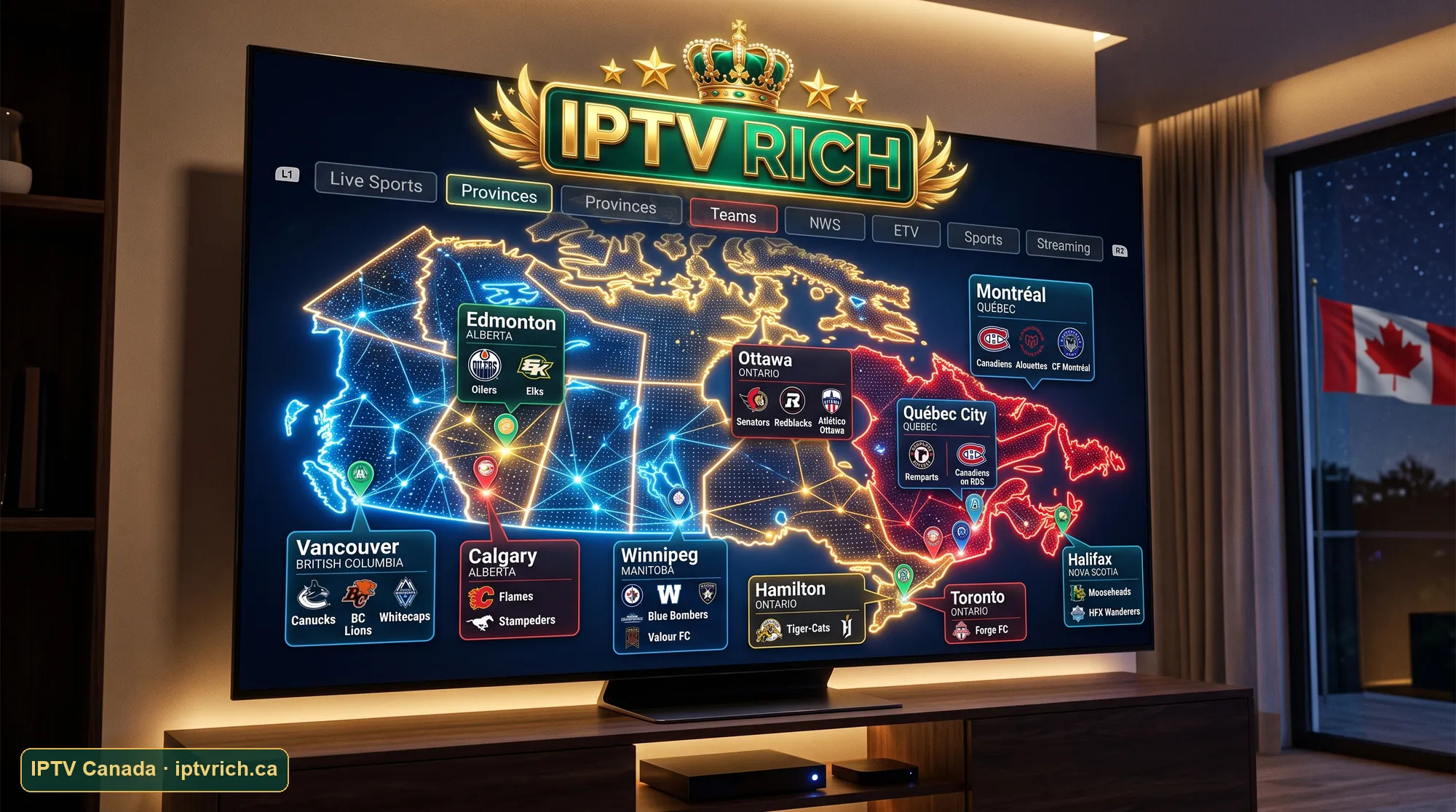 IPTV Canada par IPTV Rich : un téléviseur affiche la carte du Canada avec Montréal, Québec, Ottawa, Toronto, Vancouver, Calgary, Edmonton, Winnipeg, Hamilton et Halifax et leurs équipes